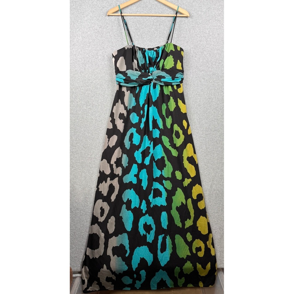VTG Dots Dress Womens XL Black Green Maxi Leopard Print Babydoll Spaghetti Y2K‎